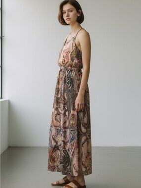 Luna Boho Paisley Maxi Dress Pink Multi Spaghetti Strap Summer Festival Size M